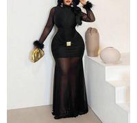 Shein Vestido de fiesta negro de manga larga y ajustado para mujer de talla grande, con puños de piel sintética, de malla semi-transparente y de alta elasti