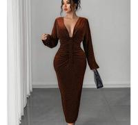 Shein Vestido de fiesta/noche de cita elegante y versátil de diseño de alto nivel para mujer de talla grande, con cuello en V, cintura fruncida, tela textur