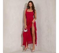 Shein Vestido de fiesta romántico para mujer en rojo sólido con volante en el hombro, abertura alta en el frente, vestido elegante y sexy