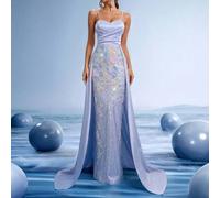 Shein Vestido de gala de degradado lila elegante: vestido de lujo con bordado manual de perlas con flores en forma de tubo, con capa de tul y espalda baja,