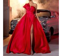 Shein Vestido de gala de satén elegante y lujoso con pliegues y gran lazo, con abertura alta, vestido formal sexy para bodas, fiestas, eventos, cócteles, pa