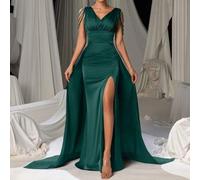 Shein Vestido de gala elegante con cuello en V, tirantes con cuentas y abertura alta, vestido fluido sin mangas para galas, alfombras rojas, bodas, cenas fo