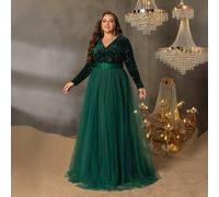 Shein Vestido de gala formal con mangas largas, escote en V, bordado de lentejuelas, cinturón y falda de tul fluida de la marca Faeriesty para tallas grand