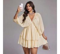 Shein Vestido de gasa amarillo elegante para mujer de talla grande, diseño de escote en V profundo, lazo en la espalda, mangas abullonadas, dobladillo con d