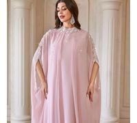 Shein Vestido de gasa con cuello alto, unicolor, 2 en 1, con empalme de apertura frontal, decoraciones de bordado, lentejuelas y cuentas, elegante vestido d