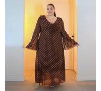 Shein Vestido de gasa con cuello en V, mangas acampanadas y lunares en la cintura, talla grande, primavera/otoño