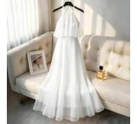 Shein Vestido de gasa con cuello halter y doble capa sin espalda, adecuado para playa, fiesta en la piscina y sesión de fotos en la isla