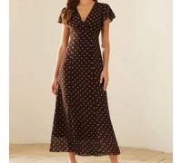 Shein Vestido de gasa con escote en V, mangas abullonadas y plisado, con estampado de lunares, en colores bloque de café y blanco, con estilo vintage francé