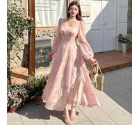 Shein Vestido de gasa con estampado floral de longitud media para primavera y otoño, adecuado para una primera cita elegante, ropa de vuelta al colegio, ves