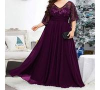 Shein Vestido de gasa con mangas acampanadas, escote en V, bordado de lentejuelas, patchwork, para talla grande, vestido de fiesta formal para invitados de