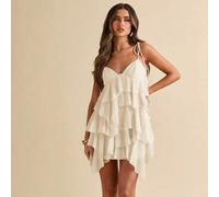 Shein Vestido de Gasa con Volantes Estilo Mama Mia para Cita de Verano, Color Blanco Crema, Atuendo de Vacaciones en la Playa con Tirantes de Hoja de Loto S