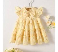 Shein Vestido de Gasa Floral de Verano para Bebé Recién Nacida con Paleta de Colores Suaves de Verano, Falda de Volantes Amarilla, Manga Volante, Regalo Lin