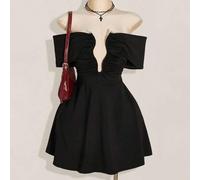 Shein Vestido de hombros descubiertos con decoración metálica y diseño calado, vestido de fiesta, vestido elegante, adecuado para citas