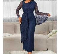 Shein Vestido de invitada de boda de cuatro estaciones, elegante, de encaje, con cuello asimétrico, mangas acampanadas, volantes y ajuste ceñido para mujer