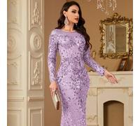 Shein Vestido de lentejuelas elástico, ajuste cómodo para diferentes tipos de Body, vestido de noche de manga larga con cuello redondo transparente, ajustad