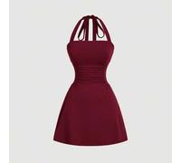 Shein Vestido de línea A con cintura ceñida y cuello halter en color borgoña, vestidos de graduación cortos para mujeres, ropa de verano elegante, vestidos