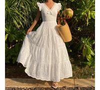 Shein Vestido de línea A con cuello en V, bordado de encaje intrincado francés, vestido de vuelo, vestido de playa bohemio para vacaciones para mujeres