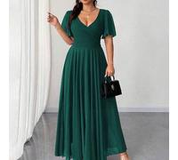 Shein Vestido de línea A con cuello en V, mangas con volantes de gasa, elegante, romántico y fluido para mujer de talla grande