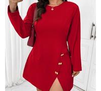 Shein Vestido de línea A con hebilla de metal roja minimalista y elegante, talla grande, adecuado para la oficina, el transporte, fiestas, reuniones, Año Nu