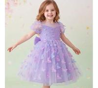 Shein Vestido de línea A con mangas abullonadas, parches de malla y bordado de mariposa soñadora para niñas de 4 a 8 años, vestido de fiesta adecuado para c
