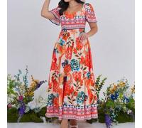 Shein Vestido de línea A con volantes y estampado digital tropical, elegante, casual, cómodo y vintage para vacaciones en la playa (estampado aleatorio), pr