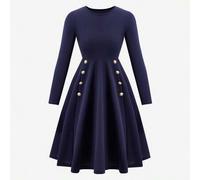 Shein Vestido de línea A de manga larga con botones dorados, cuello redondo y ajustado, elegante y apropiado para el trabajo, para niñas de talla grande