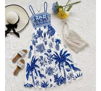Shein Vestido de línea A midi sin mangas con estampado tropical de pájaros, palmeras y flores, con cintura ceñida, estilo vacacional para mujer