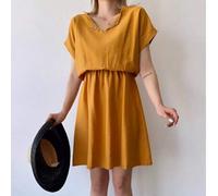 Shein Vestido de lino con recogidos en la cintura, escote con abertura, encaje parche y recorte plisado casual