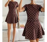 Shein Vestido de lunares de lujo elegante, vestido mini fruncido de verano elegante de color marrón para mujer, conjunto de fiesta con volantes y corte evas