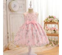 Shein Vestido de malla con bordado y corte evasé sin mangas para niñas pequeñas, con decoración elegante de lazo 3D que aporta dulzura y ternura. Adecuado p