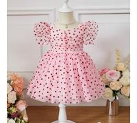 Shein Vestido De Malla Con Cuello De Corazón Fruncido Y Manga De Globo Con Impresión De Corazón Para Niña