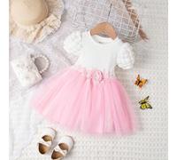 Shein Vestido De Malla Con Dobladillo De Bebe De Manga De Globo Con Aplicaciones A Dos Tonos