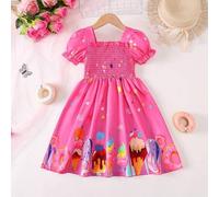 Shein Vestido de manga abullonada con estampado de caramelos para niñas, estilo princesa dulce, tela no elástica, manga corta, adecuado para uso diario, vac