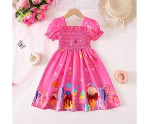 Shein Vestido de manga abullonada con estampado de caramelos para niñas, estilo princesa dulce, tela no elástica, manga corta, adecuado para uso diario, vac