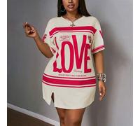 Shein Vestido de manga corta con abertura lateral, hombros caídos y color rosa para vacaciones de principios de primavera en tallas grandes