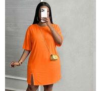 Shein Vestido de manga corta con abertura lateral, hombros caídos y color rosa para vacaciones de principios de primavera en tallas grandes