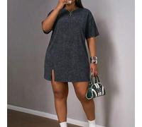 Shein Vestido de manga corta con abertura lateral, hombros caídos y color rosa para vacaciones de principios de primavera en tallas grandes