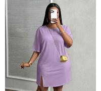 Shein Vestido de manga corta con abertura lateral, hombros caídos y color rosa para vacaciones de principios de primavera en tallas grandes