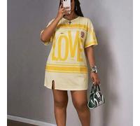 Shein Vestido de manga corta con abertura lateral, hombros caídos y color rosa para vacaciones de principios de primavera en tallas grandes