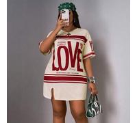 Shein Vestido de manga corta con abertura lateral, hombros caídos y color rosa para vacaciones de principios de primavera en tallas grandes