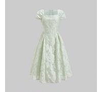 Shein Vestido de manga corta con cuello cuadrado y textura de encaje que ciñe la cintura, elegante y apropiado para bodas, fiestas y reuniones. Vestido de p