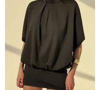 Shein Vestido de manga corta con cuello de pico negro, cintura ajustada y ajuste holgado, ropa exterior casual para señoritas jóvenes