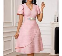 Shein Vestido de manga corta con cuello en V y textura de pétalo, con decoración floral en la cintura, elegante y de largo medio para mujer