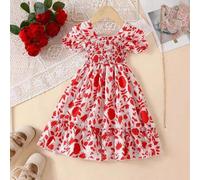 Shein Vestido de manga corta con estampado de hojas informal europeo y americano para niña joven para salidas y vacaciones de verano