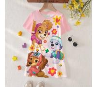 Shein Vestido de manga corta con estampado de perro y floral, lindo para niña en verano