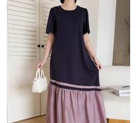 Shein Vestido de manga corta de algodón con bloques de color negro y morado para adolescentes, vestido camiseta casual con volantes en el bajo, tela de algo