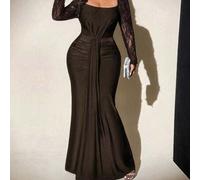 Shein Vestido de manga farol de cuello cuadrado sólido para mujer de talla grande Viva Relle, romántico para invitada de boda, ceremonia de graduación, bail