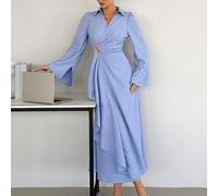 Shein Vestido de manga larga azul marino para mujer, elegante y casual, estilo francés con fruncido y hebilla metálica, vestido camisero para otoño, oficina