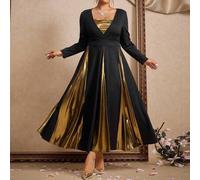 Shein Vestido de manga larga con cuello camisero, cintura acampanada y bajo asimétrico, en tela de punto suave con parches y detalles metálicos, elegante pa