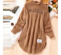 Shein Vestido de manga larga con cuello camisero, de forro polar doble cara, con estampado gráfico bordado y bajo asimétrico, para niña preadolescente de es